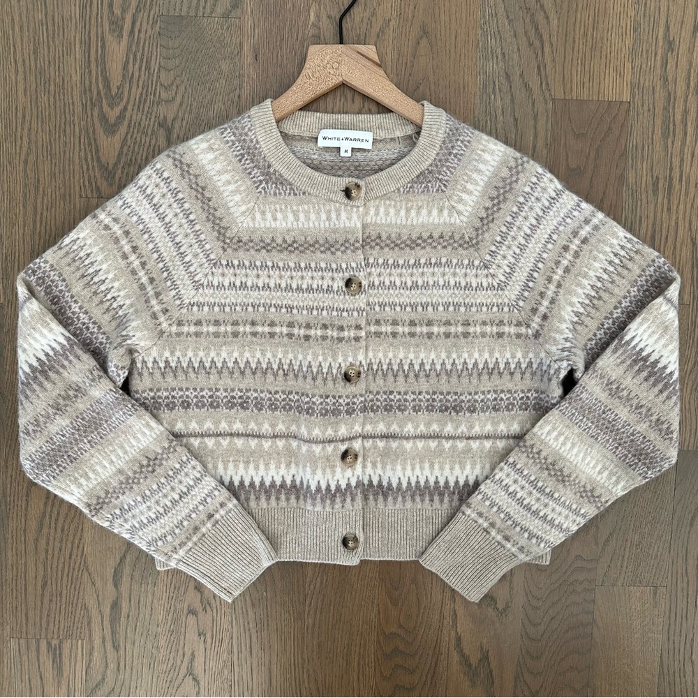 EUC White + Warren Warm Neutral Cashmere Fair Isle Cardigan Sweater Tan Cream M